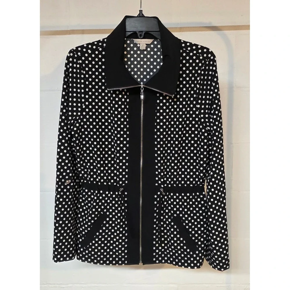 Laura Ashley Black White Polka‎ Dot Zip Up Light Jacket Drawstring Waist Women M